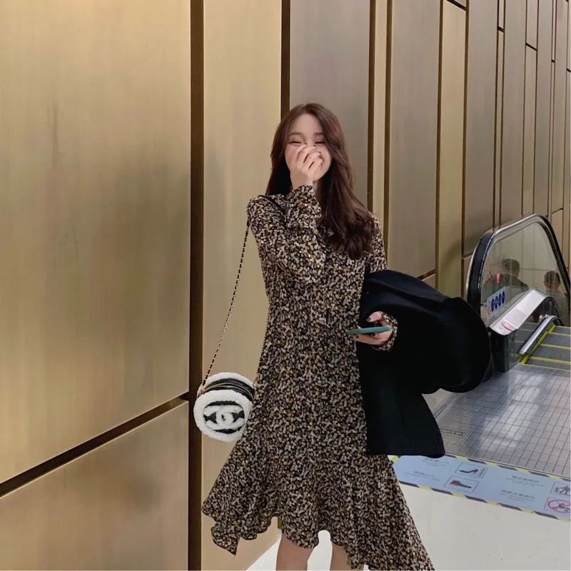 2020 The New Spring Women Flower Ruffle Dress Long Sleeve V-Neck Vintage Korean Fashion Elegant Party Casual Sexy Maxi Clothes | Женская