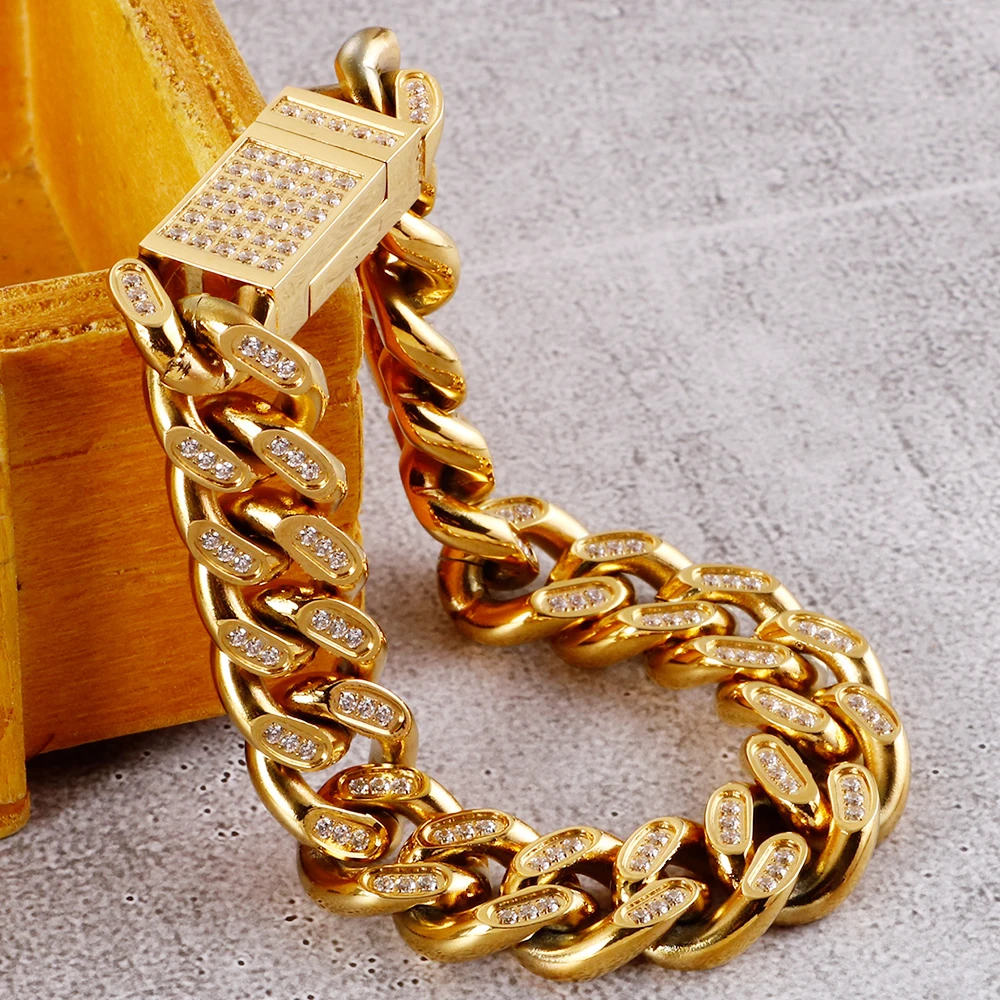 Роскошные 14 мм широкий браслет цепи для мужчин золото нержавеющая сталь человек браслеты с CZ установка для мужчин s мальчиков Байкер ювелирные аксессуары