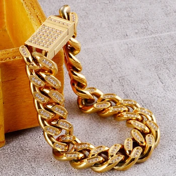 

Luxury 14MM Wide Chain Bracelet Men Gold Stainless Steel Man Bracelets With CZ Setting Mens Boys Biker Jewellery Accessories