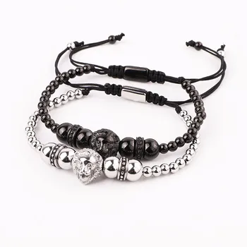 New Design High Quality Stainless Steel Lion Charm Friendship Macrame Jewelry Bracelet Men