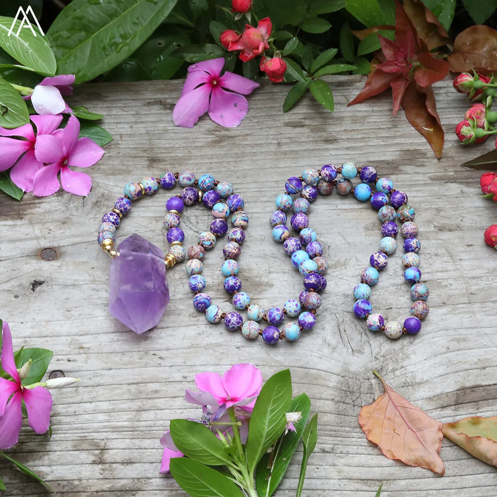 Natürliche Amethyst-Stein-Halskette mit Doppelspitzen-Anhänger, Meeressediment-Jaspis-Perlen, Handgeknüpfte Halskette, Yoga-Schmuck, Boho-Geschenk – Detail 15