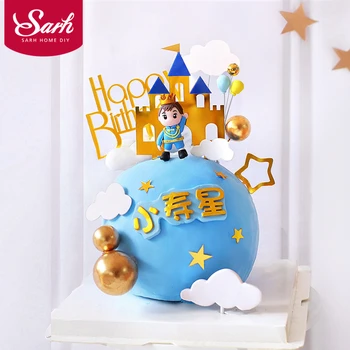 

Crown Prince Castle Star Baby Boy's Happy Birthday Cake Topper Kid Party Supplies Pink Love Gifts