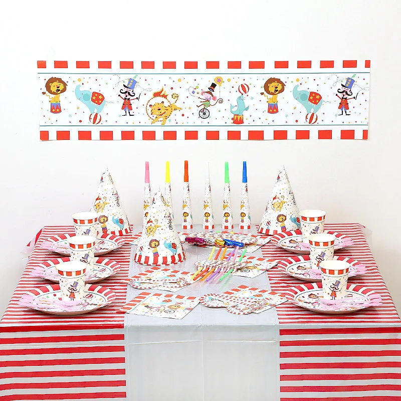 

Circus Theme Lion Elephant Disposable Tableware Paper Cup Towel Banner Candy Box Birthday Baby Shower Party Set Decor Supplies