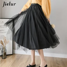 Jielur корейские женские Юбки Модная элегантная женская плиссированная юбка шикарная Золотая велюровая сетка чистый цвет черный