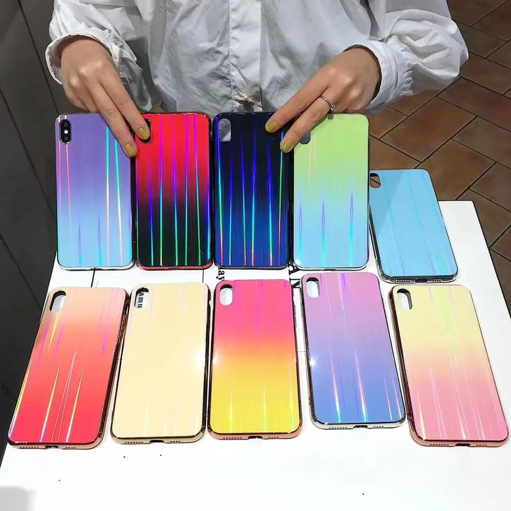 

Gradient Rainbow Laser Holographic Shimmer Case for iPhone X XS Max XR Hard Glass Cover for 8 7 6S Plus Light reflections Hull