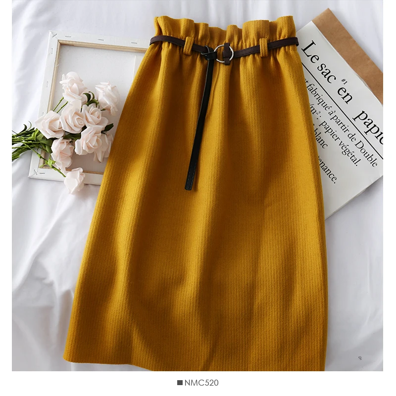 Women's Solid Skirts Autumn Winter Korean High Waist Elastic Waist Sexy Midi Pleated Skirt A-line Woman Falda LS259