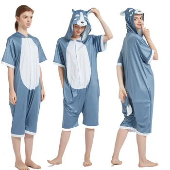 

Summer New Blue Husky Onesie Short Hooded Women Pajamas Romper Pattern Piyamas De Animals Regular Polyester