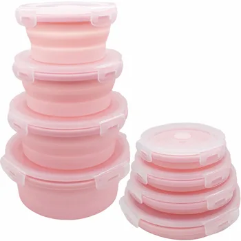 

4pcs round silicone food storage box folding silicone round lunch box set foldable stacking lunch box