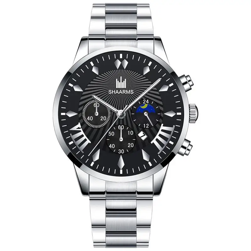 Silver Black Мужские часы, модные брендовые часы, мужские роскошные повседневные часы из нержавеющей стали, военные Кварцевые водонепроницаемые наручные часы с календарем - Цвет: Silver Black