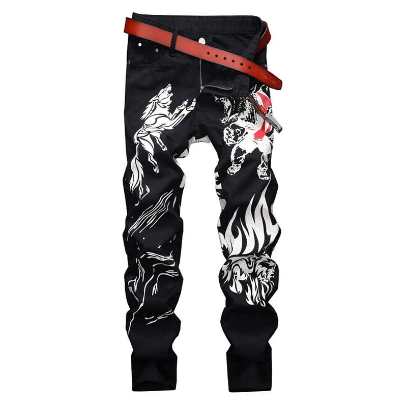 Men's animal printed black jeans Fashion slim skinny denim pantsJeans