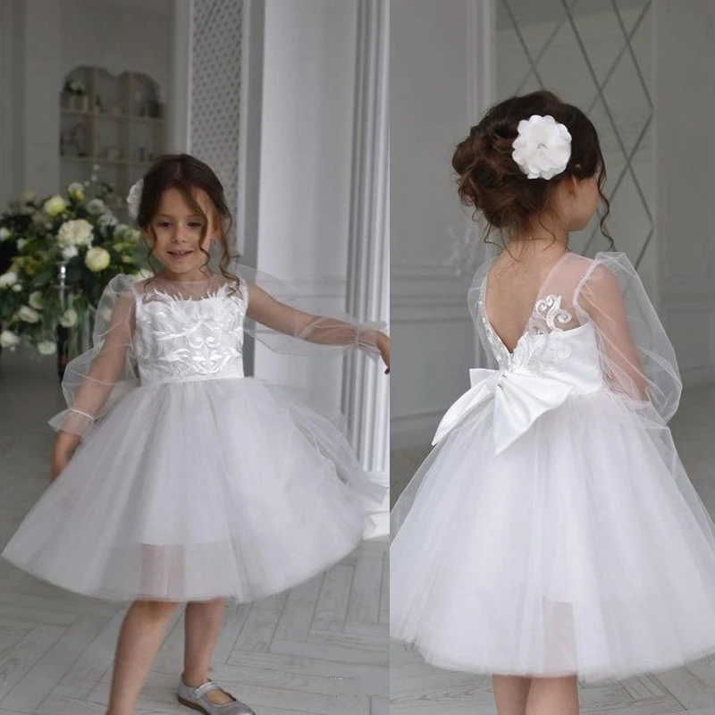 blancos de manga larga para vestidos cortos de tul con flores de encaje, bonitos y baratos, vestidos de primera comunión|Vestidos floreados de niña| - AliExpress