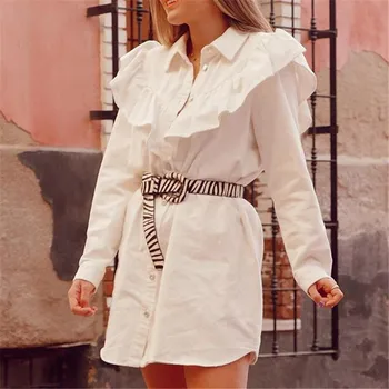

Vintage ruffle shirt dress Elegant office lady buttons fashion white dresses 2020 Casual long sleeve female mini dress