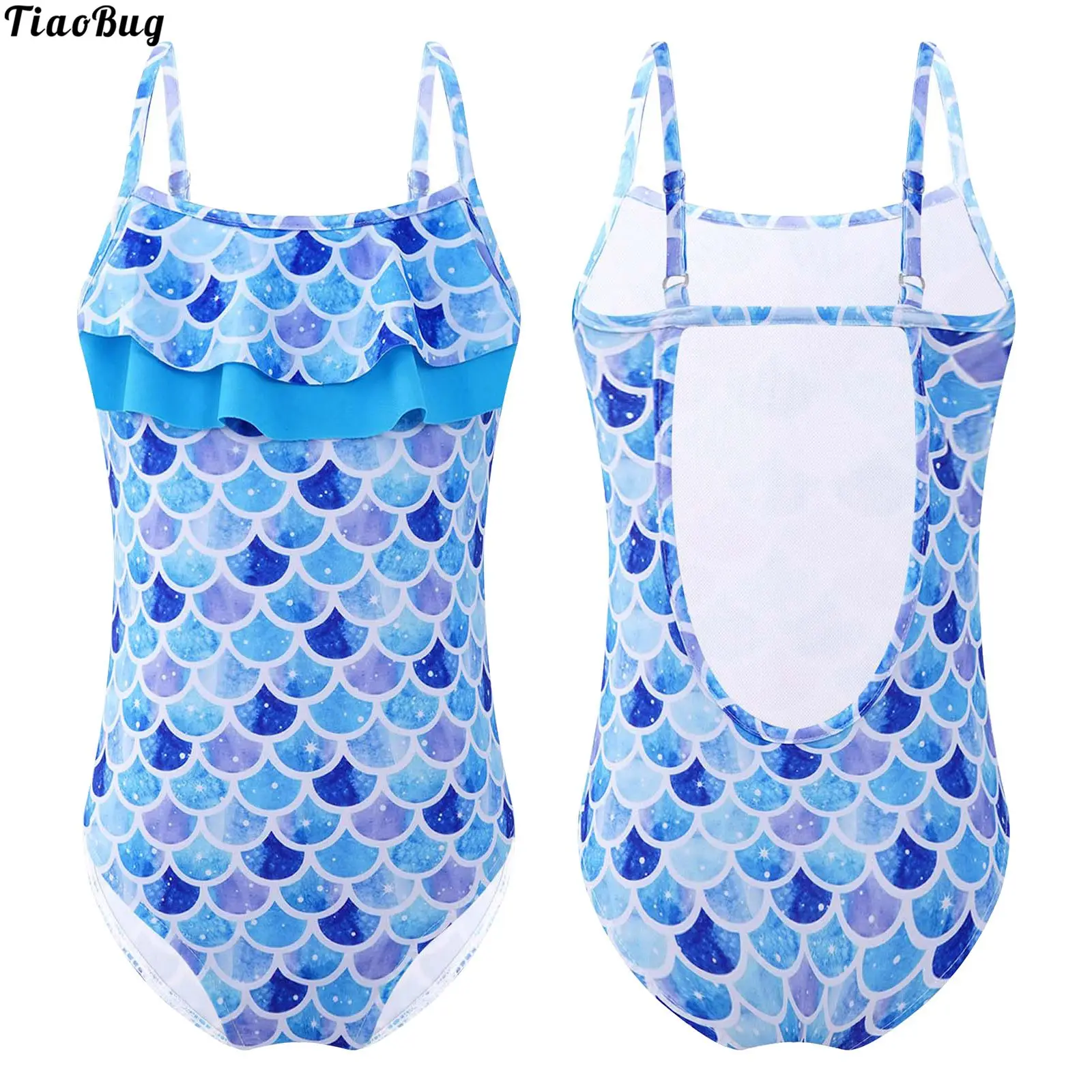 TiaoBug Kids Girls One-Piece Swimming Bodysuit Swimwear Straps Ruffle Hem Fish Scales Print Beach Pool Bathing Jumpsuit Leotard