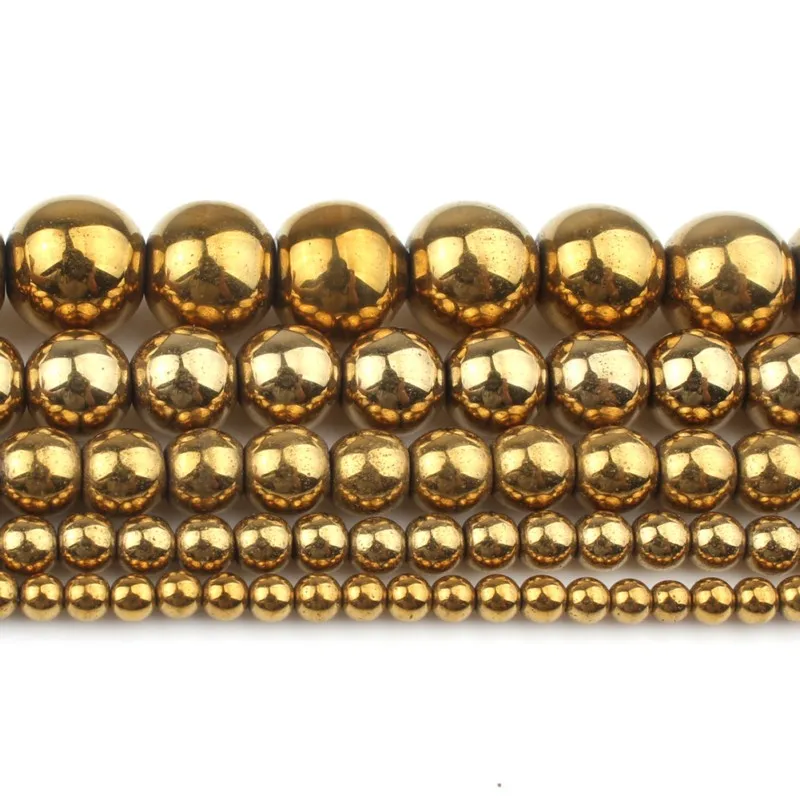Natural Stone Hematite Round Beads in Gold & Silver Tones for Jewelry Making - 15'' Strand