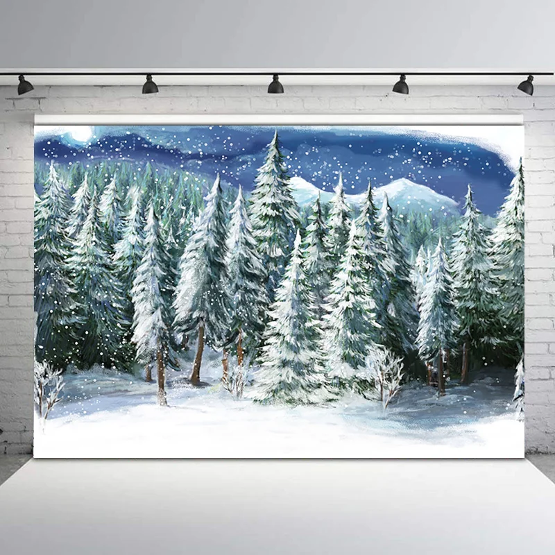 

Winter Forest Photography Background Snowflake Snow Watercolor Photography Backdrops Wonderland Christmas Tree Backdrop