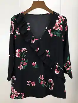 

CAMIA 100%Silk Women Blouse Begonia Flower Print Blouse Three Quarter Ruffle V Neck Sweet Romantic Chemise Shirt To