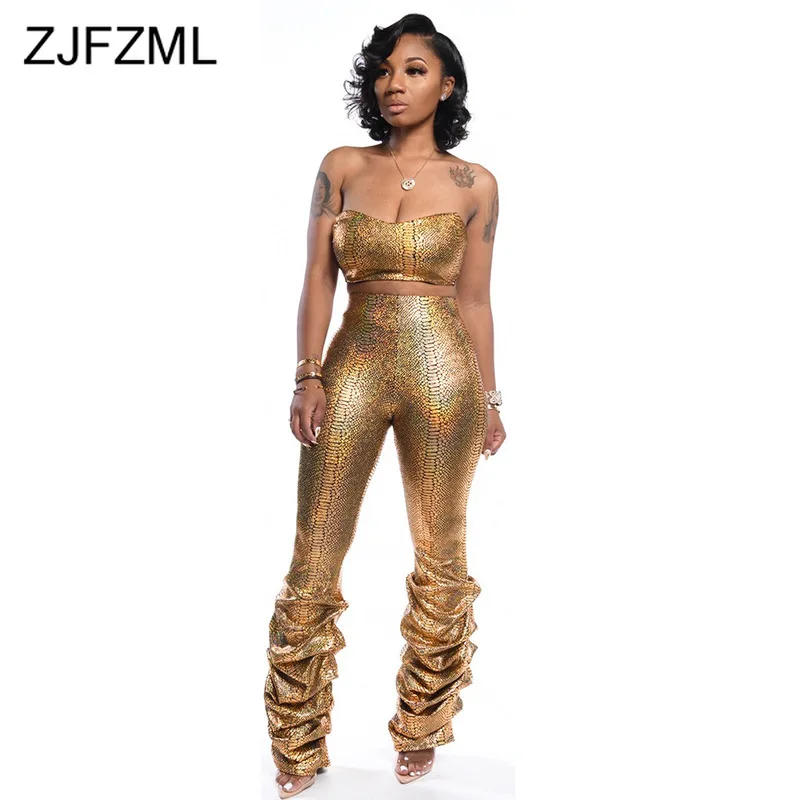 

Snake Skin Print Sexy Two Piece Outfits For Women Off The Shoulder Backless Crop Top And Draped Skinny Pant Plus Size Tracksuit