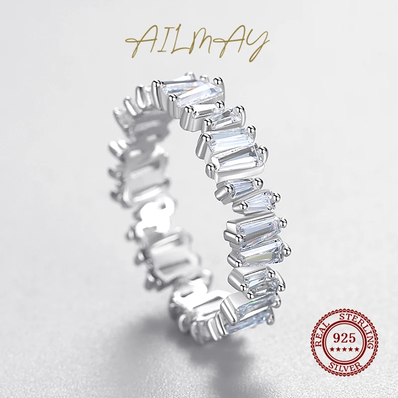 Silver Rings Ailmay Classic Luxury Full Cubic Zirconia Ring 925 Sterling Silver CZ Finger Rings for Women Girls Party Accessories Jewelry