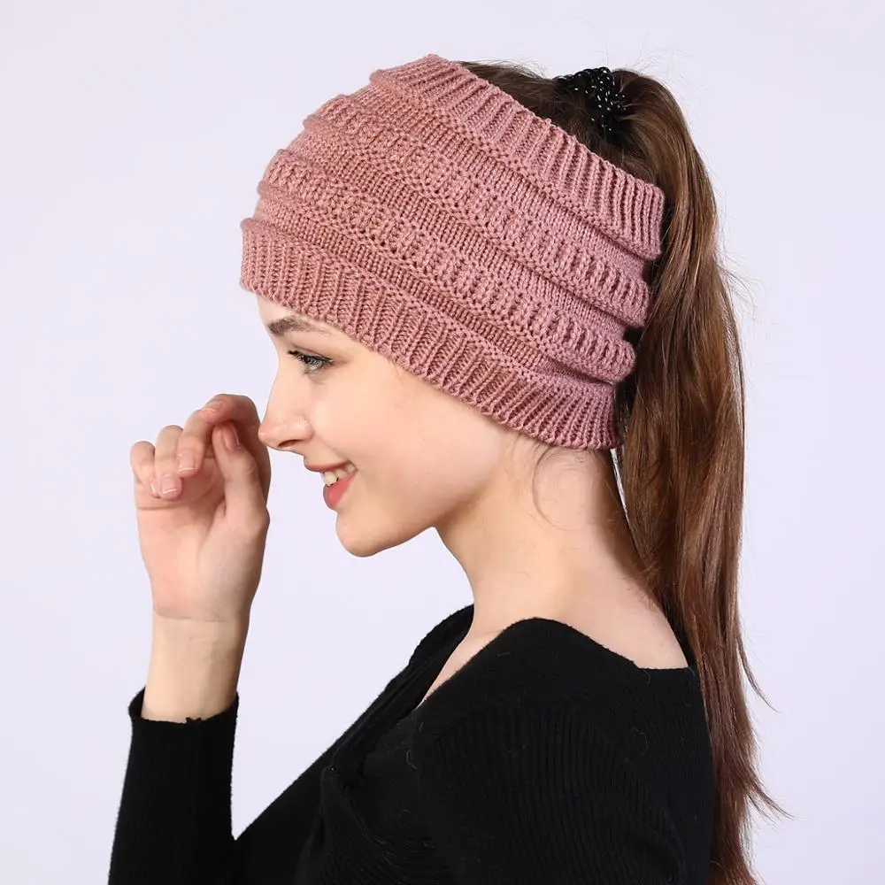 autumn winter Ponytail Beanie hat Women 