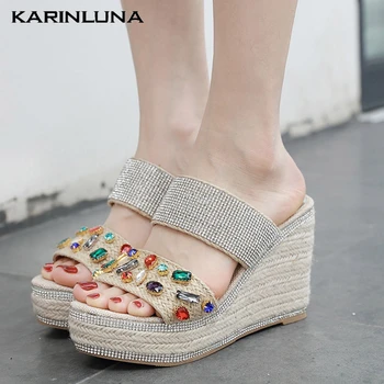 

KarinLuna 2020 Brand Design Cane Women Slippers Wedges Med Platform Crystal Summer Outside Women Sandals