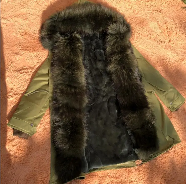 FP03green darkgreen Fandy lokar натуральная меховая парка зимняя женская куртка теплая длинная Военная парка Настоящий мех кролика подкладка капюшон пальто из натурального меха енота - Цвет: FP03green darkgreen