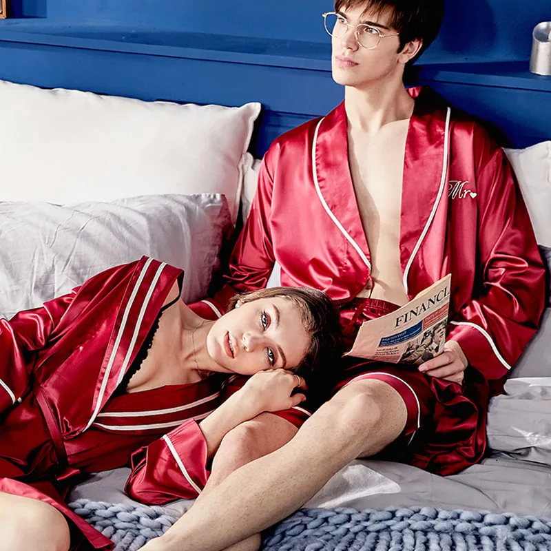 CherLemon/летний комплект для пары халатов, длинный рукав, Одноцветный шелковый красный комплект для сна, комплекты для свадьбы, Сексуальный банный халат для мужчин и женщин