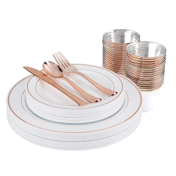 

Rose Gold 150Pcs Disposable Plastic Tableware Plate Cup Cutlery Spoon Wedding Birthday Party Supplies