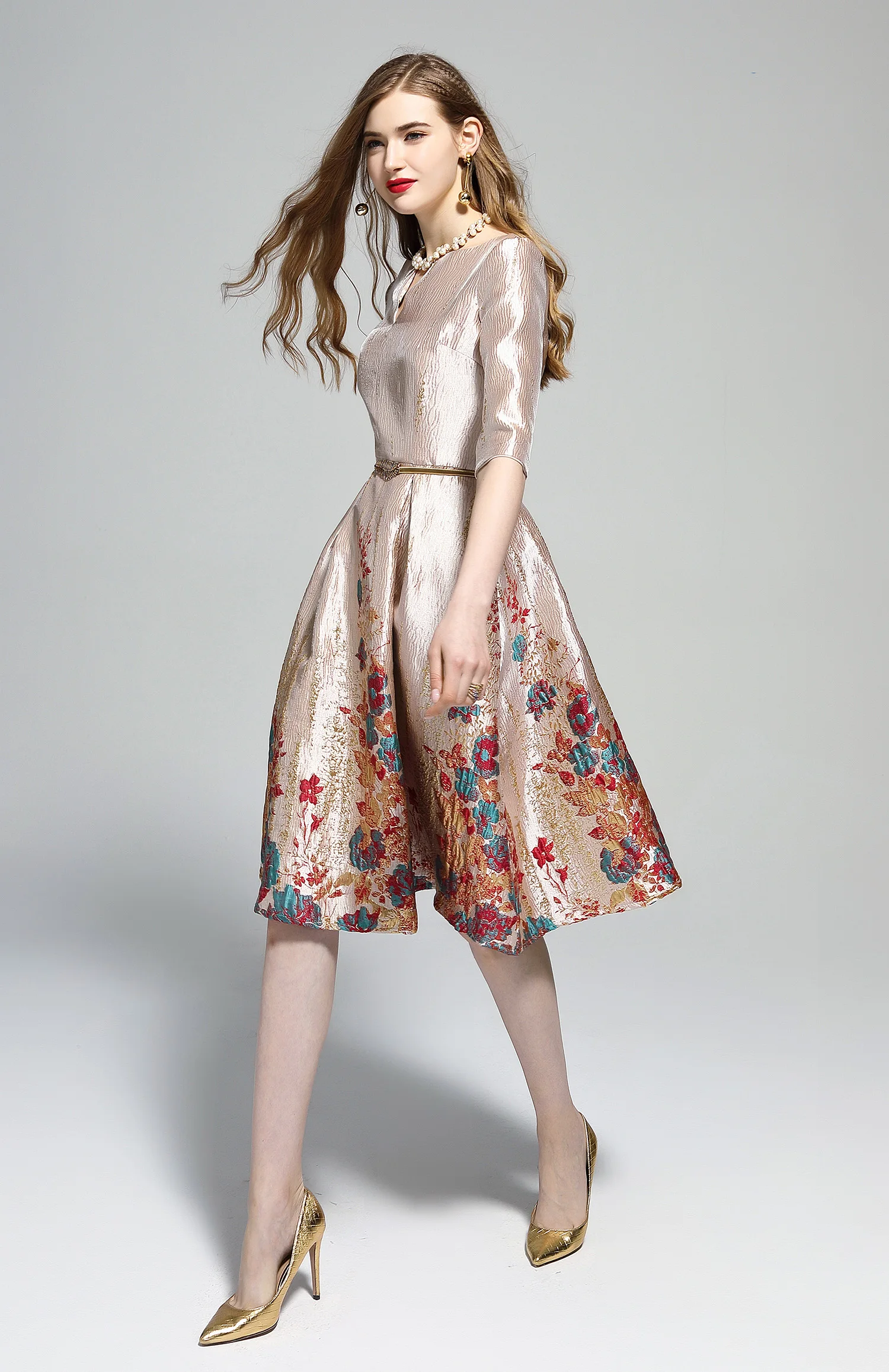 Summer Jacquard Women Luxury Dress New Year Slim Waist Knee