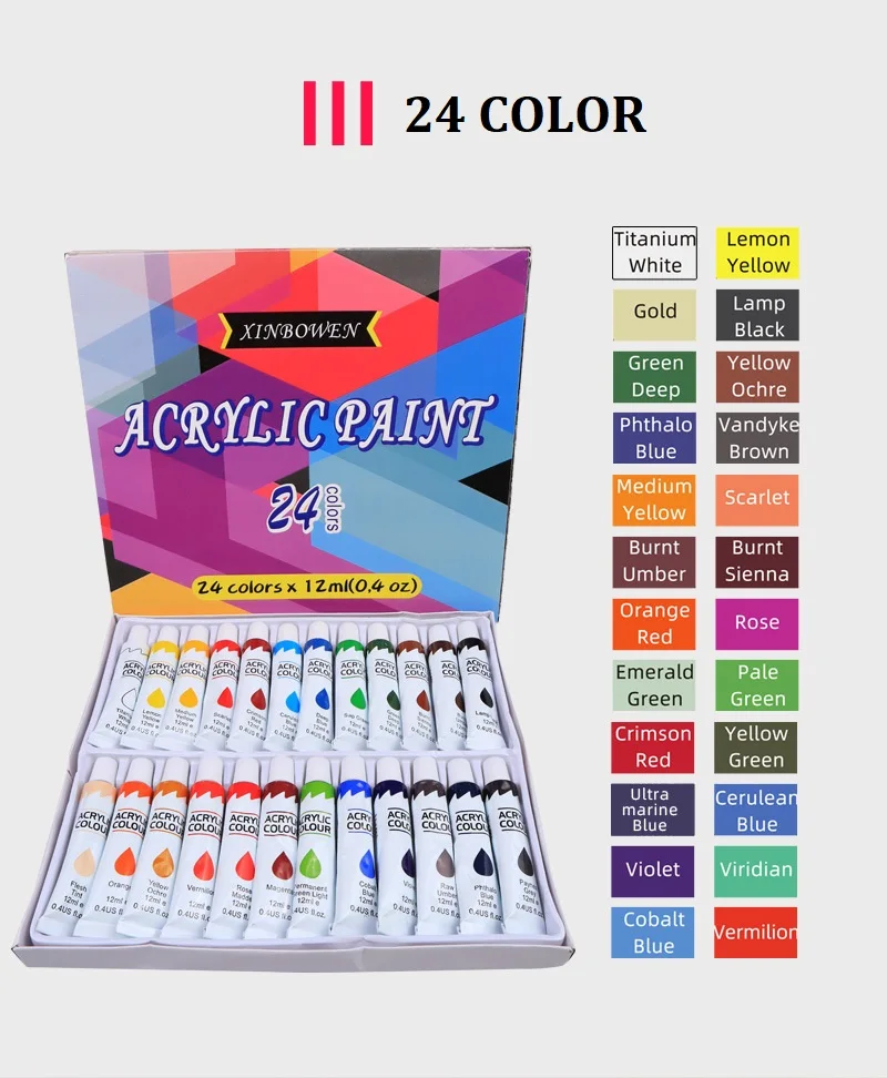 Acrylic Paints 24 Colors Professional Brush Set 12ml Tubes Artist Drawing Painting Pigment Hand Painted Wall Paint DIY