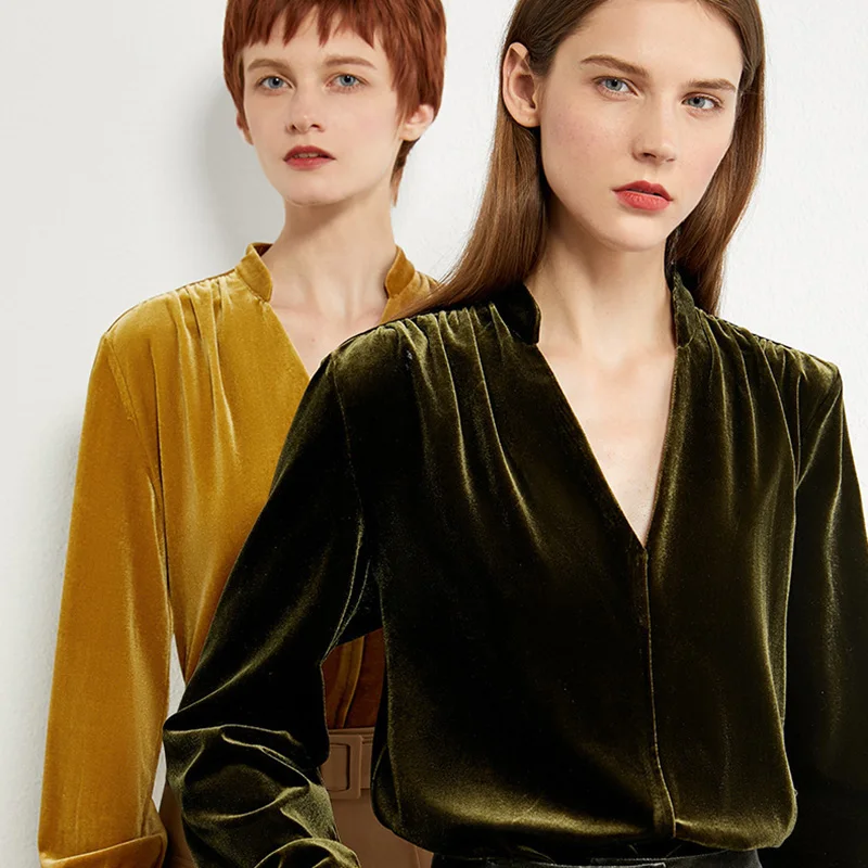 

Minimalist Retro Hong Kong Style Velvet Shirt Women's Fall / Winter 2020 New Loose V-neck Shirt Long Sleeve Top Pleated Blouse