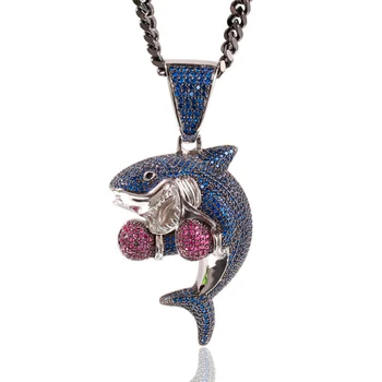 

AGLOVER Bling Shiny Ice Cz Blue Gold Silver Colour Shark Pendant Necklace For Men Hip-hop Rapper Jewelry With Cuban Rope Chain