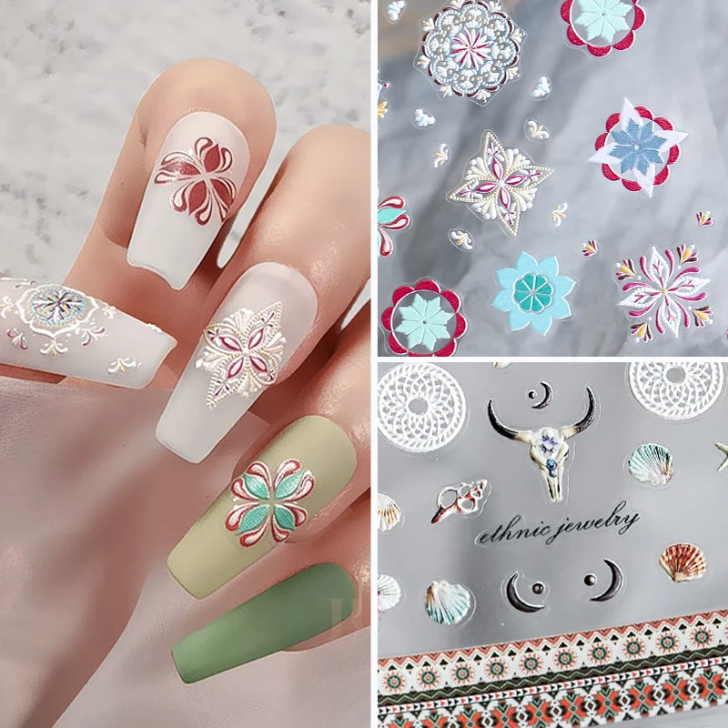 

1pc Bohemia Flower Nail Art 5D Stickers Engraved Ox Horn Black Nail Decals for Tips Decoration Unas Postizas Decoradas