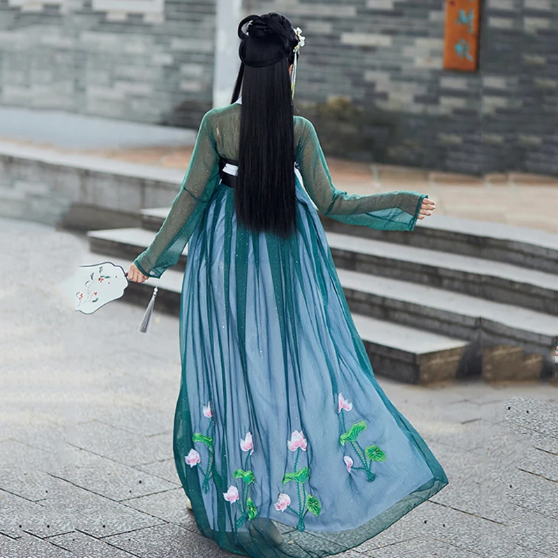 Традиционные танцевальные костюмы с вышивкой лотоса Hanfu, женское платье феи, фестивальный Рейв, наряд для певцов, одежда для выступлений DC3192