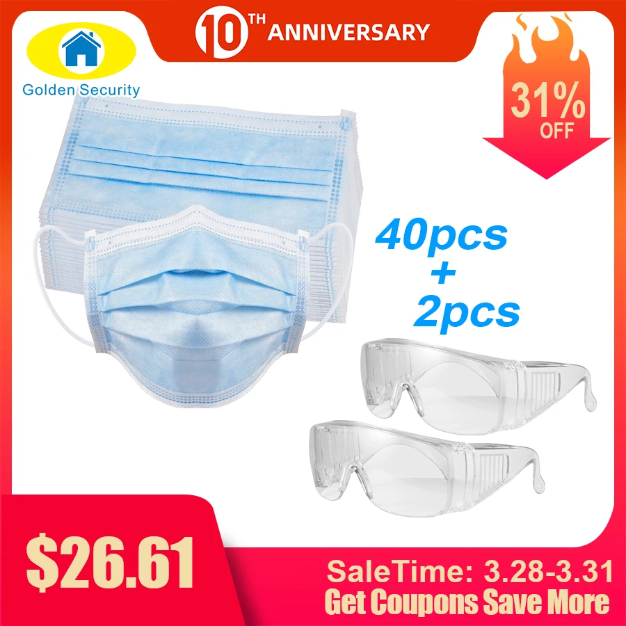

Ear-loop Mask 3 Layer Anti-dust Safe Breathable Mouth Mask Disposable Safety Goggles Eyes Mask For Comprehensive Protection