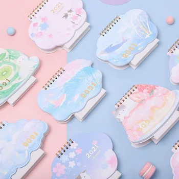 

New 2021 Lovely Cat And Cherry Blossom Desk Calendar DIY Cartoon Coil Desktop Calendars Daily Schedule Planner 2020.07-2021.12