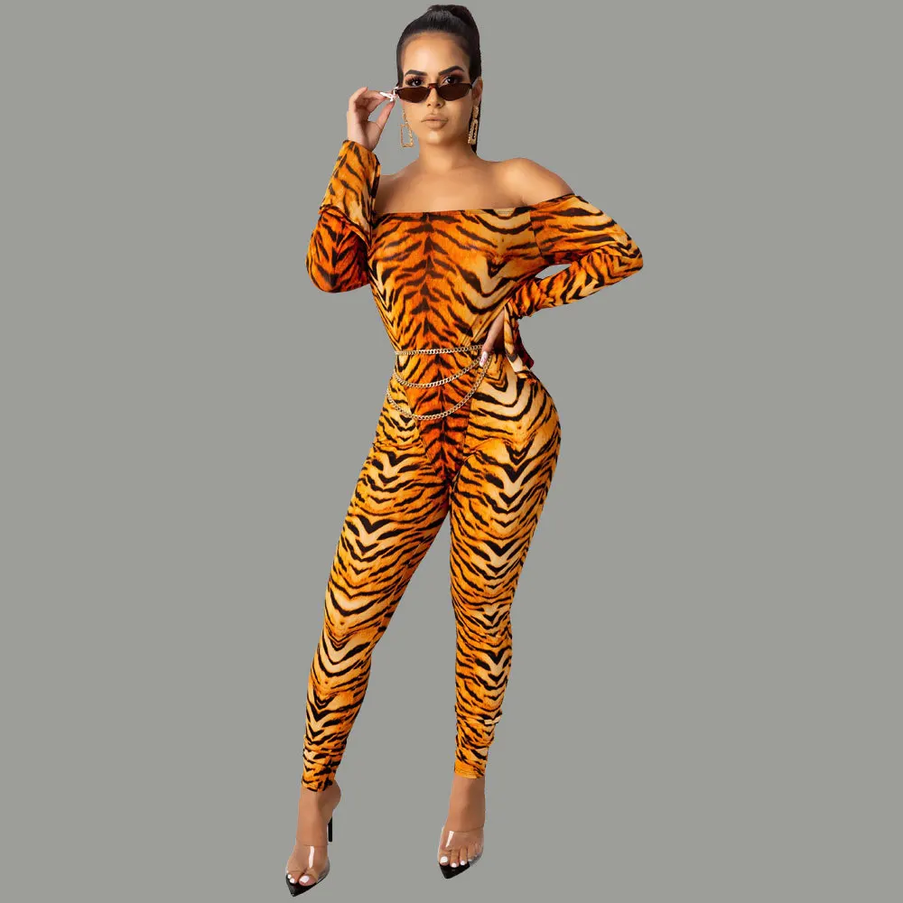 Tiger Skin С буквенным принтом, сексуальный комплект из 2 предметов, Клубные наряды для женщин, с открытыми плечами, с расклешенными рукавами, бандажный комбинезон и брюки-карандаш, спортивные костюмы - Цвет: Tiger Skin