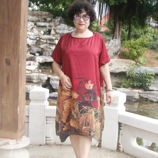 Summer Mid-age Women Red plus size dresses for women 4xl 5xl 6xl 7XL Printed Vestidos De Verano High-quality Dress DJ490