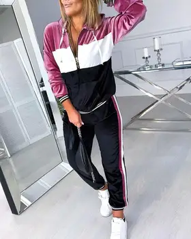 

Women Patchwork Color Zipped Hooded Top & Slinky Pant Sets Women Two Piece Matching Sets Colorblock Suit