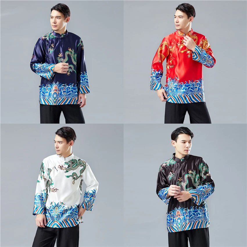 Traditional Chinese Clothing for Men Long Sleeve Shirt Print Dragon Mens Retro Tang Suit Chinese Fashion Style Cheongsam Top