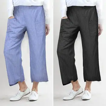 

Fashion Wide Leg Pants For Women ZANZEA High Waist Cotton Linen Palazzo Casual Stripes Trousers Vintage Pantalon Femme Plus Size