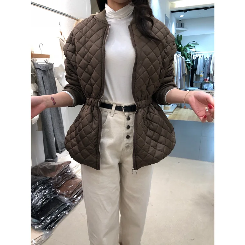 

2018 Winter Coat New Style Medium-length Rhombus Plaid Waist Hugging Cotton Coat Women's Short Slim Fit Short-height down Feathe