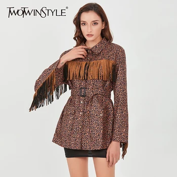 

TWOTWINSTYLE Leopard Patchwork Tassel Jacket For Women Lapel Long Sleeve With Sashes Casual Streetwear Coat Female 2020 Fall New