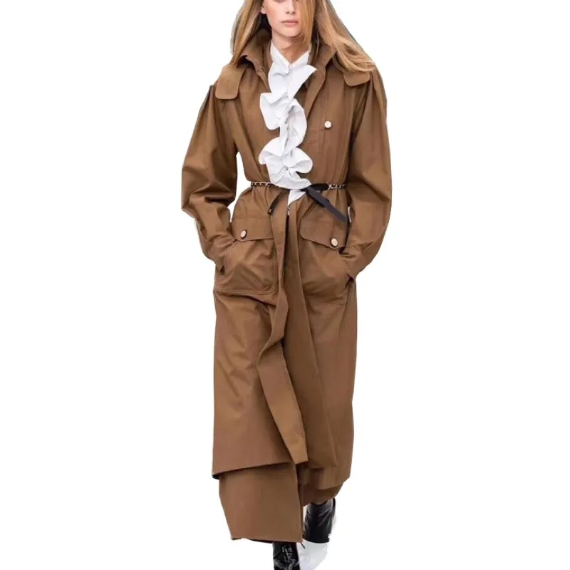 

EXCOSMIC 2019 Autumn Winter Women Long Trench Coat Fashion Classic Covered Breasted Belt Trench Coat Casual Business Outerwear