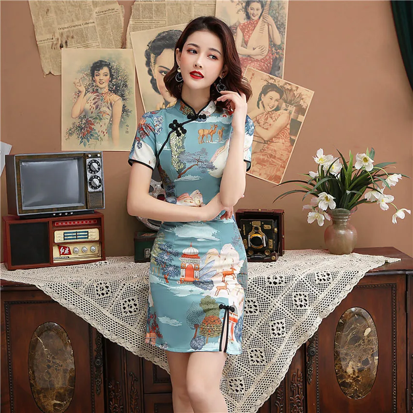 Традиционное китайское Qipao для женщин дракон кран печати классическое Ципао разделение Мандарин Воротник Тонкий Короткие платья вечернее