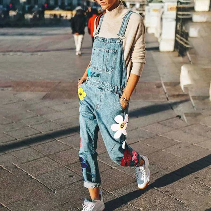 

2019 New Fashion Women Casual Loose Denim Autumn Jeans Jumpsuit Trousers Sleeveless Floral Slim Fit Fashion