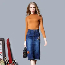 Женская юбка с цветочной вышивкой больших размеров 4XL джинсовая синяя с завышенной талией повседневные Прямые женские юбки одежда в европейском стиле