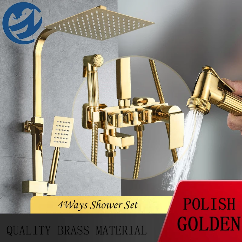 Bright Golden Rain Shower Faucets Set Thermostatic Shower Faucet Tap Shower System Brass/304 Stainless Steel Material Spray Gun