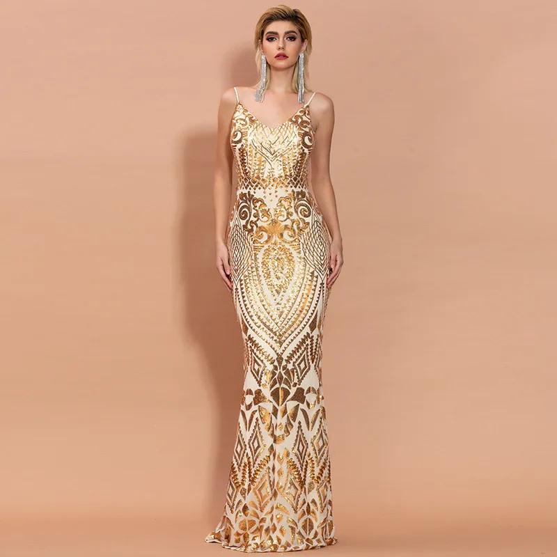Вечернее платье труба HotSaleSequined Спагетти ремень v-образным вырезом спинки сексуальные женщины знаменитости тело кон длинные платья оптом