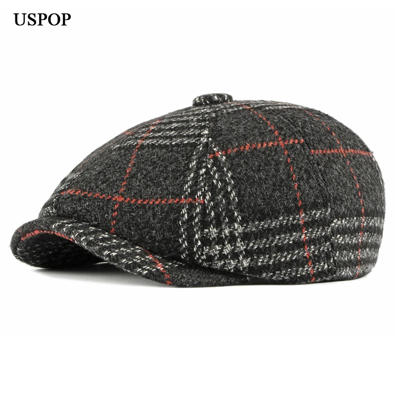 

USPOP Men caps Winter berets plaid wool beret hat male vintage visor caps thick war hat