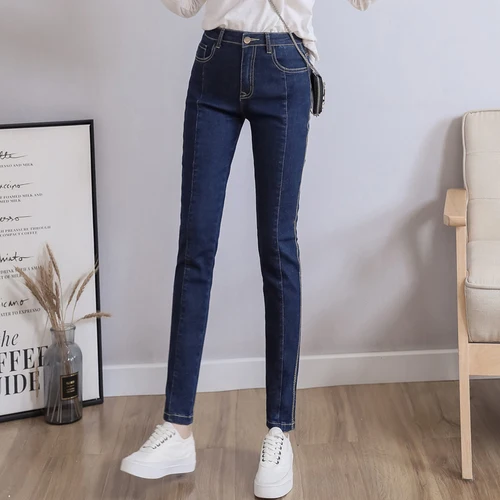 Модные женские эластичные джинсы с высокой талией, женские полосатые джинсы, джинсовые джинсы-карандаш, джинсы бойфренды - Цвет: Dark blue-YX9019